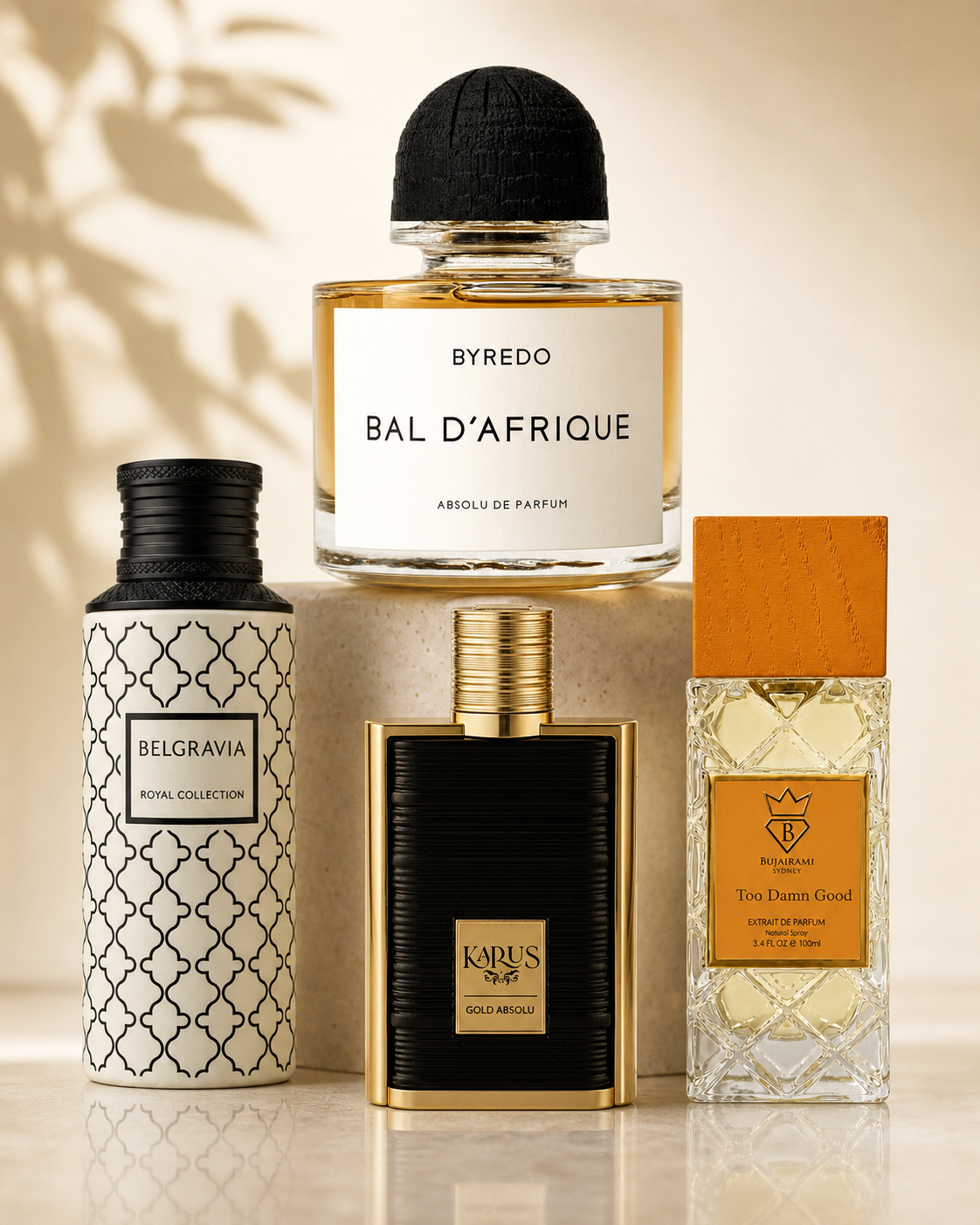 Byredo Bal d’Afrique Absolu with Belgravia, Karus Gold Absolu and Too Damn Good